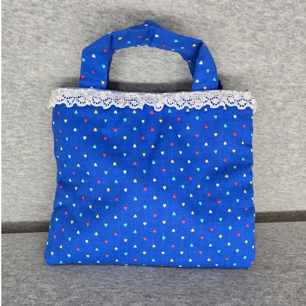 Handmade Blue Heart Print Mini Tote Bag with Lace Trim Cottagecore Small Pouch